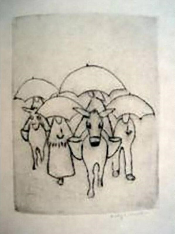Campesinos con burro y paraguas