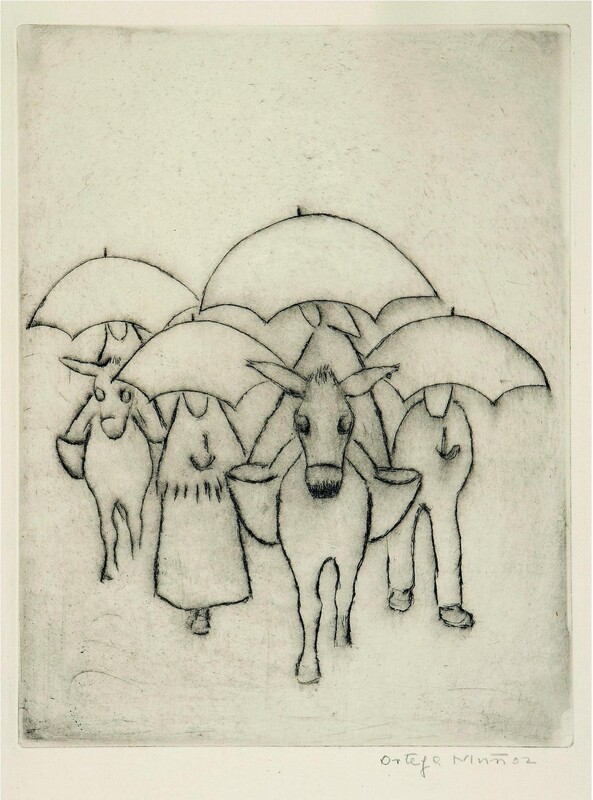 Campesinos con burros y paraguas