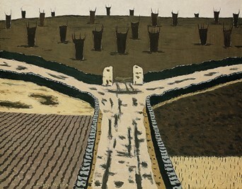 Camino y colina de castaños