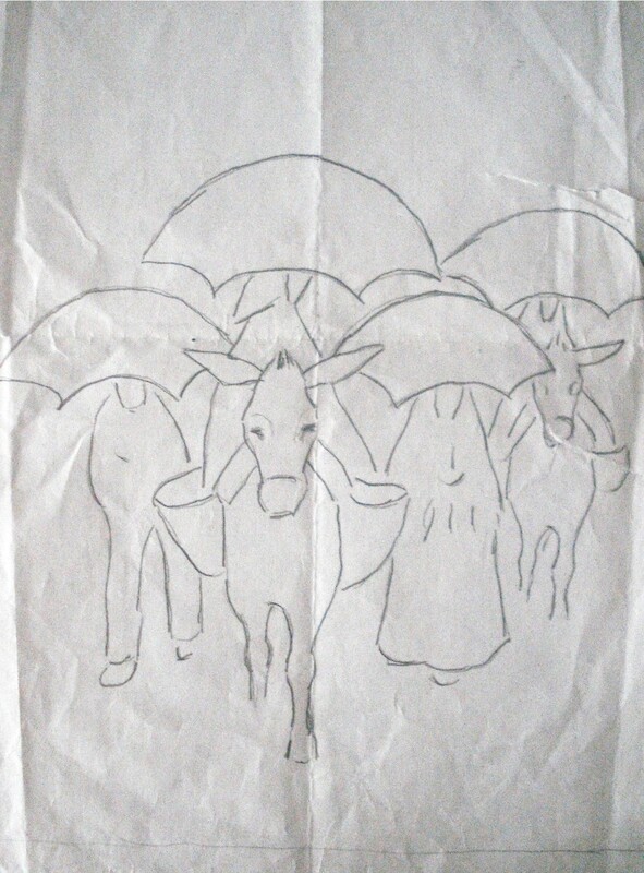 Campesinos con burros y paraguas